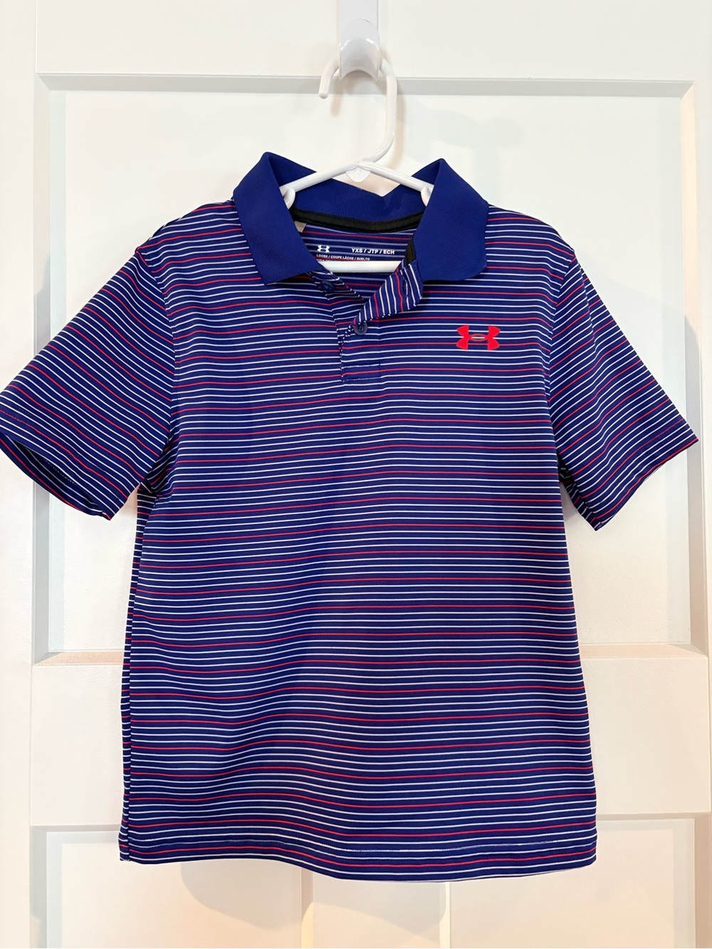 Under Armour Boys' Navy Blue Striped Polo with Red Logo